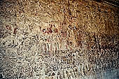 Angkor Wat temple, the bas-reliefs of the third enclosure. West Gallery Northern Part. The battle of Lanka. Rama standing on Hanuman, next to him his brother Lakshmana and the renegade Vibhisana, the brother of Ravana.